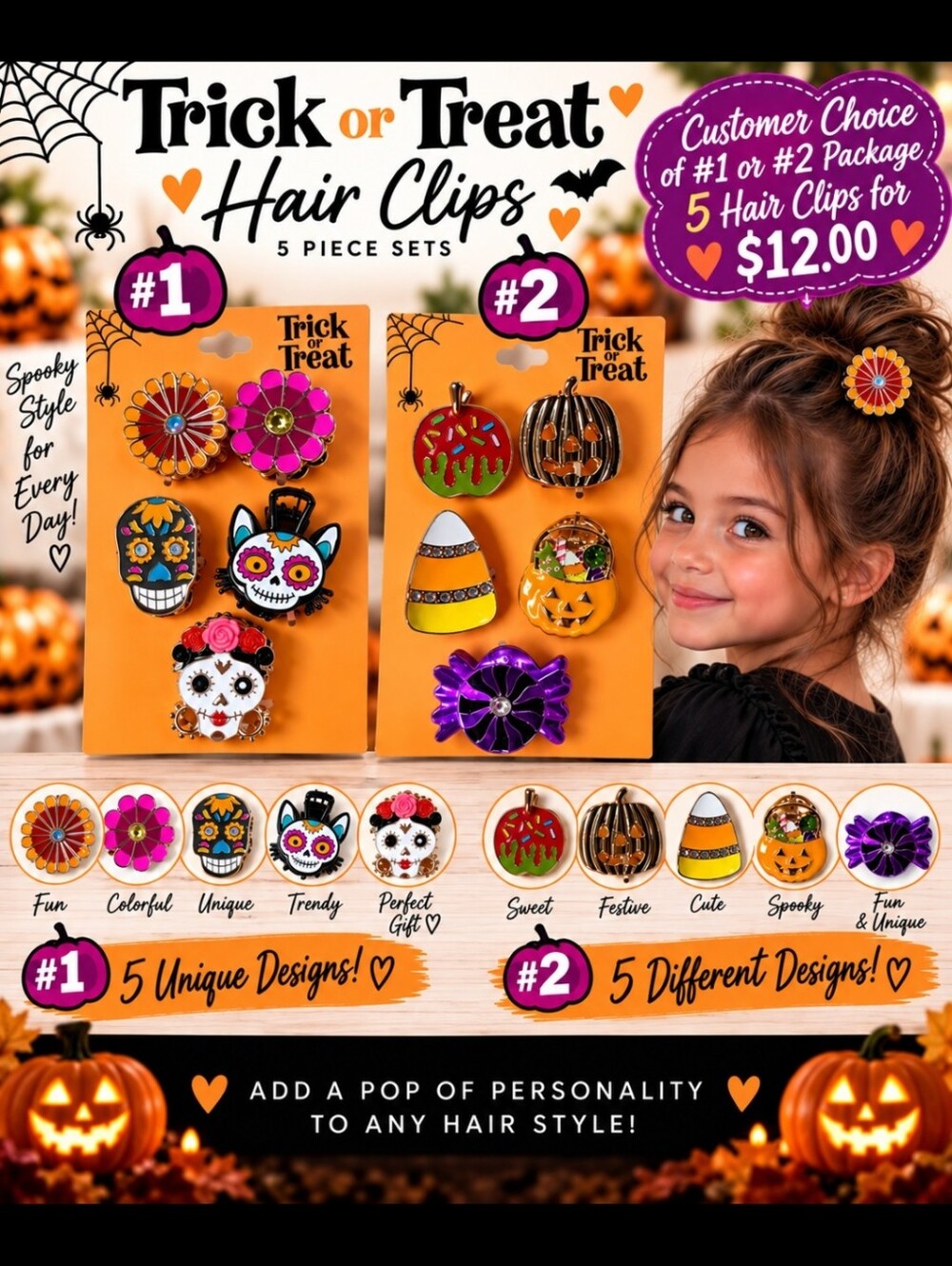 Kids Halloween Hair Clips - Choose One Of These Colorful 5-Piece Sets.
